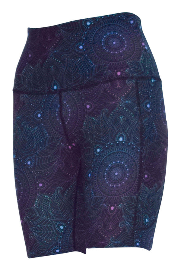 Midnight Mandala Shorts with subtle mandala pattern, deep side pockets, and structured stitching in dark tones