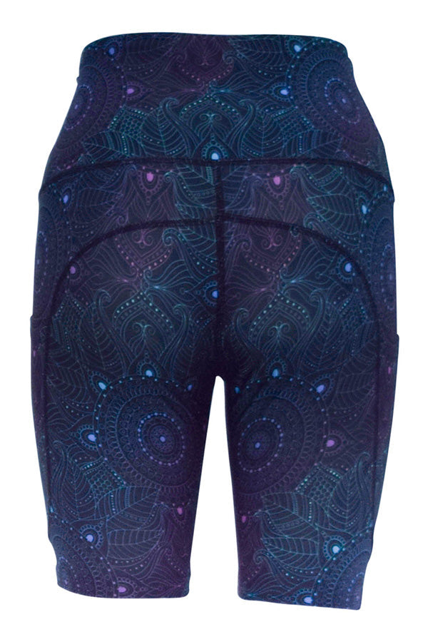 Midnight Mandala Shorts with subtle mandala pattern and deep side pockets for keys and phone