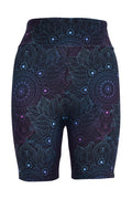 Black tight shorts with intricate blue and purple mandala pattern and high waistband