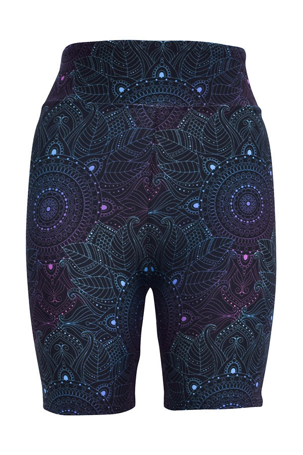 Black tight shorts with intricate blue and purple mandala pattern and high waistband