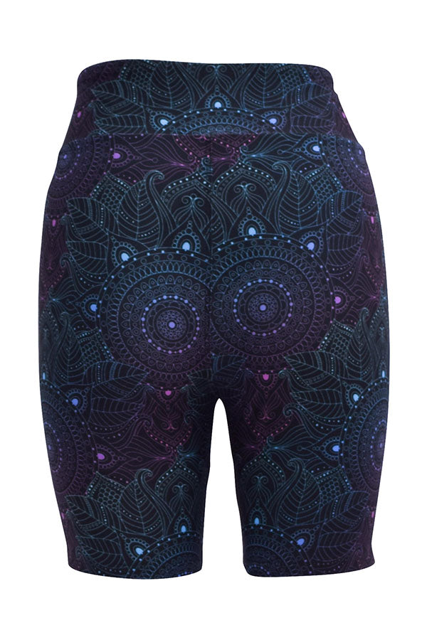 Black tight shorts with intricate midnight blue mandala pattern and high waistband