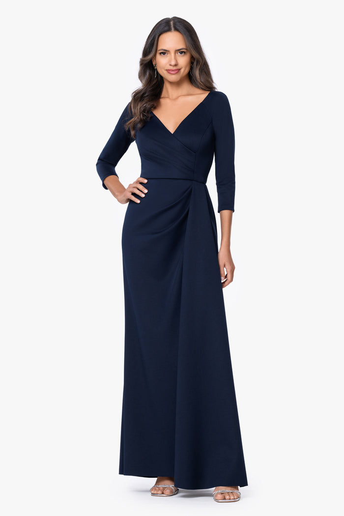 Midnight “Mindy” Techno Scuba Long Sleeve Dress, front view