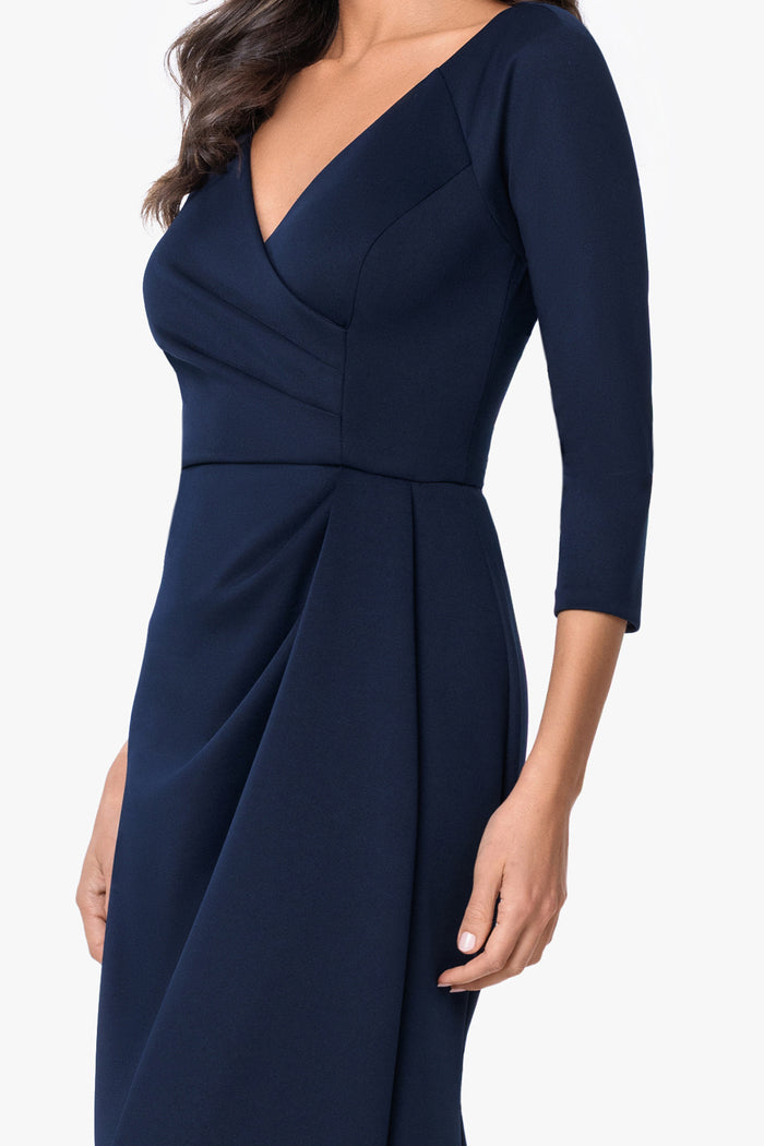 Midnight “Mindy” Techno Scuba Long Sleeve Dress, V-neck bodice and pleated waist detail