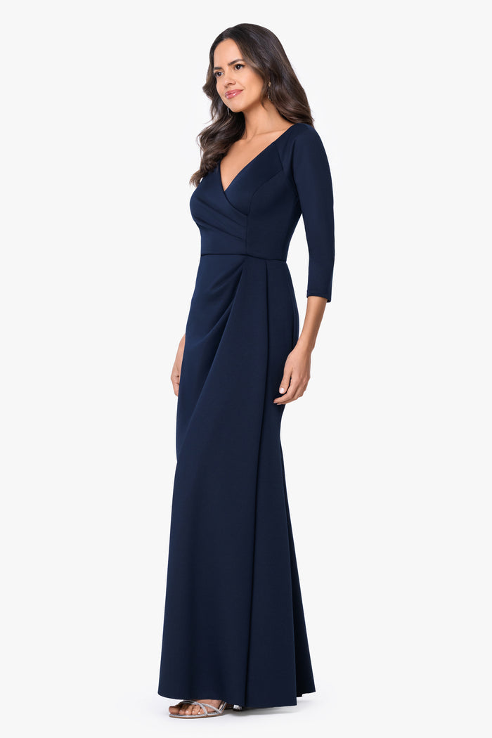 Midnight “Mindy” Techno Scuba Long Sleeve Dress, angled three-quarter view