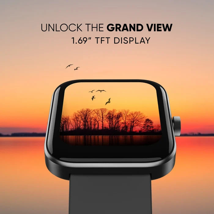 Mivi Model E with 1.69" Display, 7-Day Battery Life , Spo2, Heart Rate Monitor. Smartwatch (Black Strap, Regular)