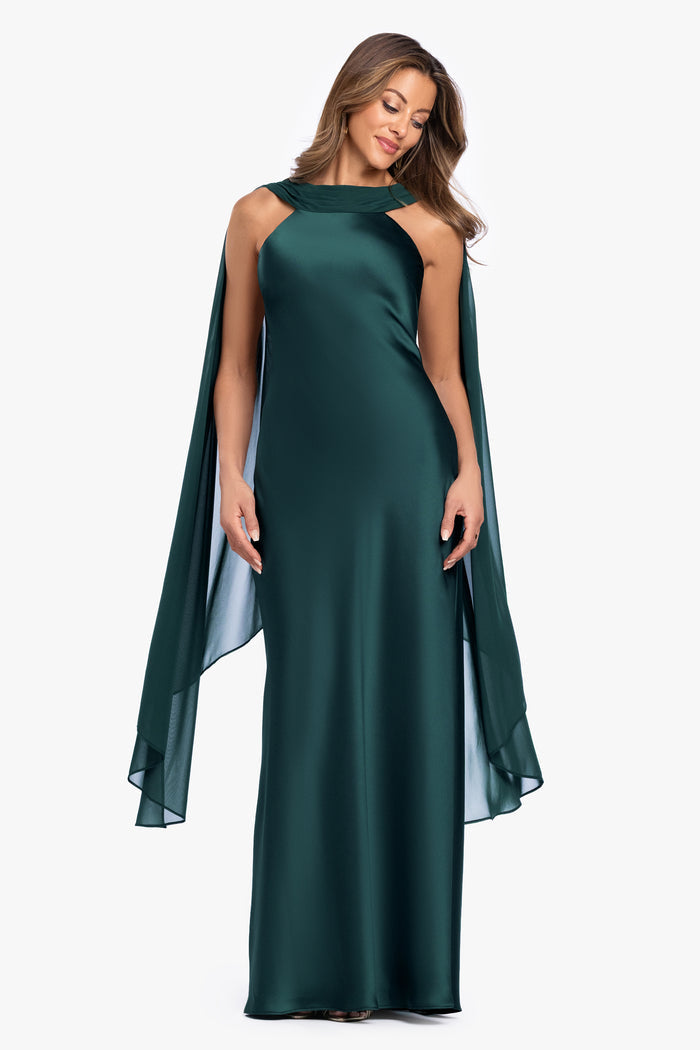 Hunter “Monica” Satin & Hammered Chiffon Scarf Dress, front view
