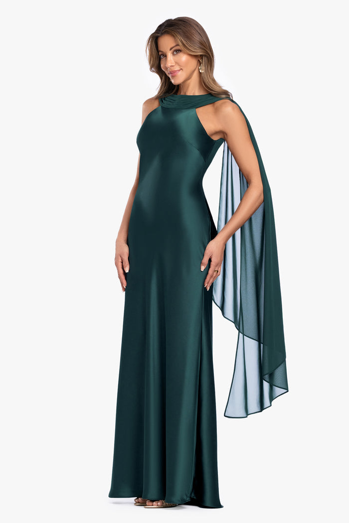 Hunter “Monica” Satin & Hammered Chiffon Scarf Dress, angled three-quarter view