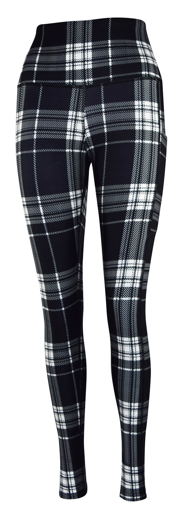 Monochrome tartan leggings with pockets in black and white plaid pattern, stretchy and comfortable fit