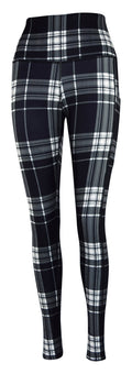 Monochrome tartan leggings with pockets in black and white plaid pattern, stretchy and comfortable fit