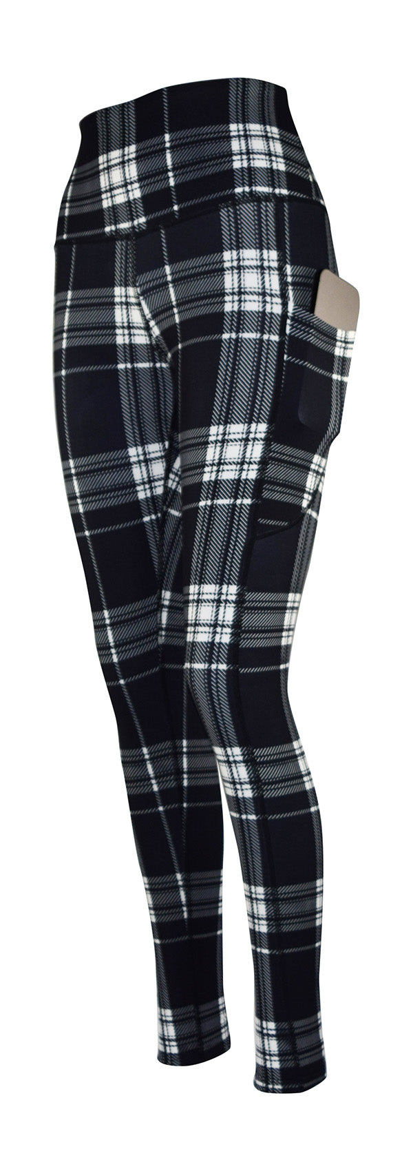 Monochrome tartan leggings with pockets featuring a classic plaid pattern and stretchy, breathable fabric for comfort and practicality.
