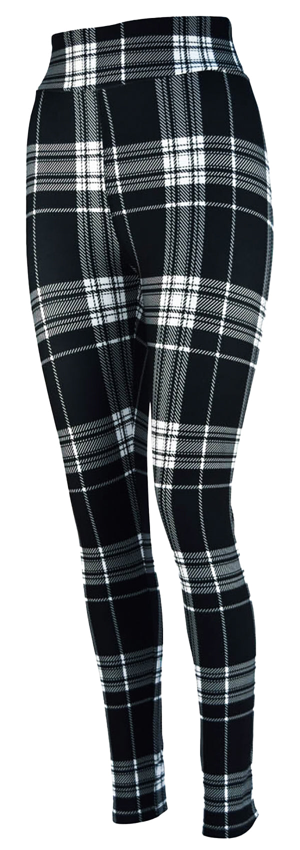 Black and white monochrome tartan leggings for women with high waistband and stretchy fabric