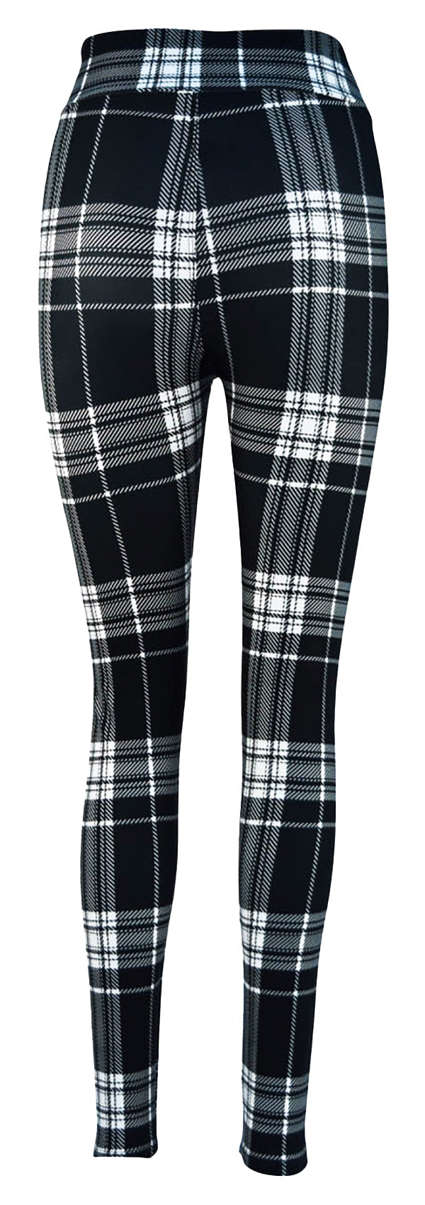 Black and white monochrome tartan leggings for women with high waistband and stretchy fit