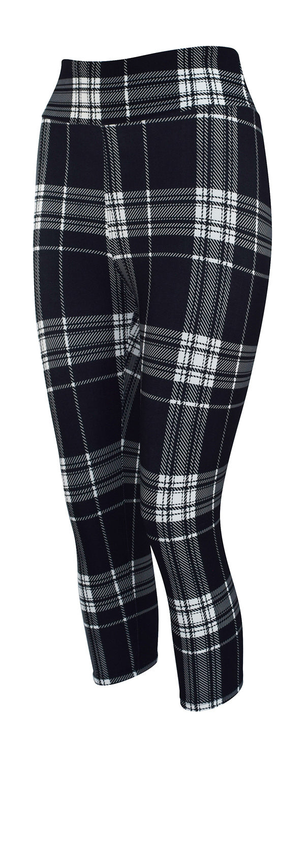 Black and white monochrome tartan leggings for women with a high waistband, made from soft, breathable fabric.