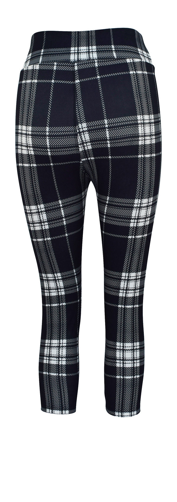 Black and white monochrome tartan leggings for women with high waistband and stretchy fabric