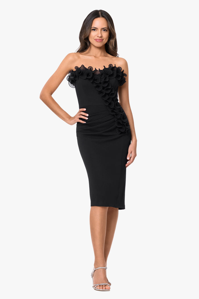 Black “Myla” Scuba Crepe With Chiffon Ruffle Short Dress, front view