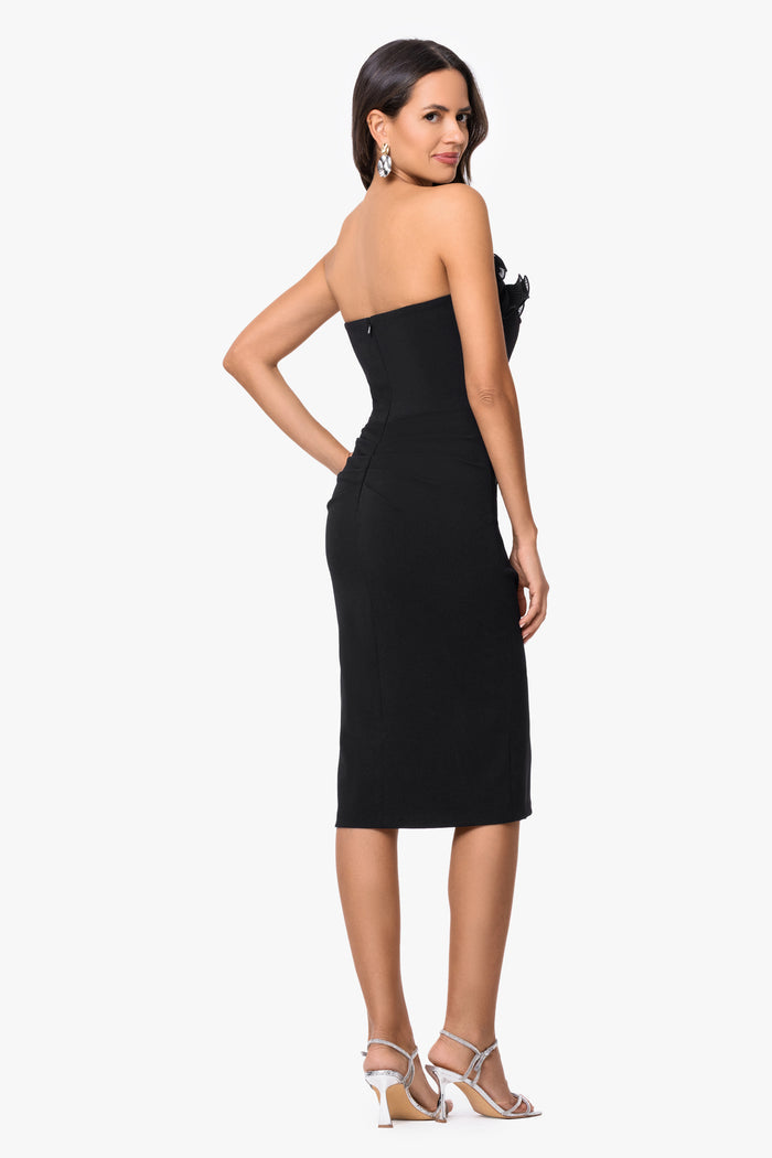 Black “Myla” Scuba Crepe With Chiffon Ruffle Short Dress, back view