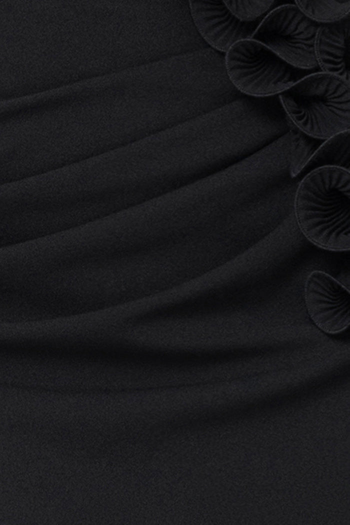 Black “Myla” Scuba Crepe With Chiffon Ruffle Short Dress, scuba crepe fabric and chiffon floral ruffle detail