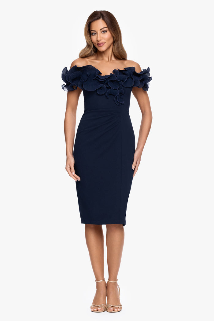 Navy “Natalia” Scuba Crepe Off The Shoulder Ruffle Neck Midi Dress, front view