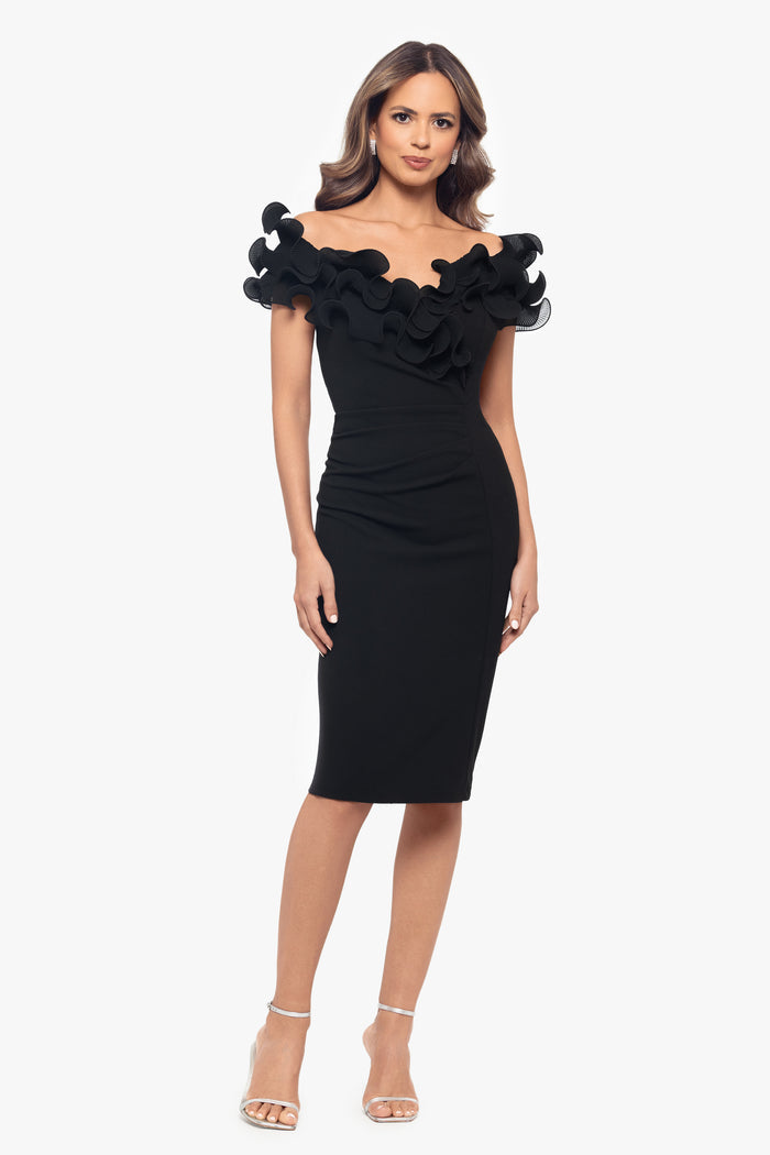 Black “Natalia” Scuba Crepe Off The Shoulder Ruffle Neck Midi Dress, front view