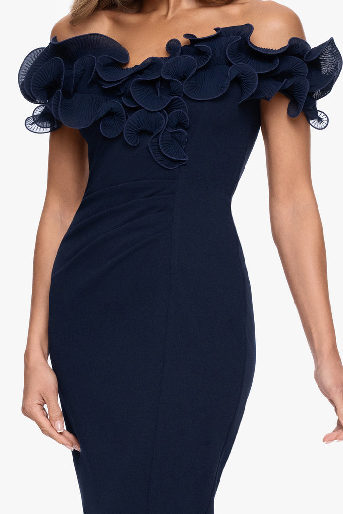 Navy “Natalia” Scuba Crepe Off The Shoulder Ruffle Neck Midi Dress, off-the-shoulder neckline and dimensional ruffle detail