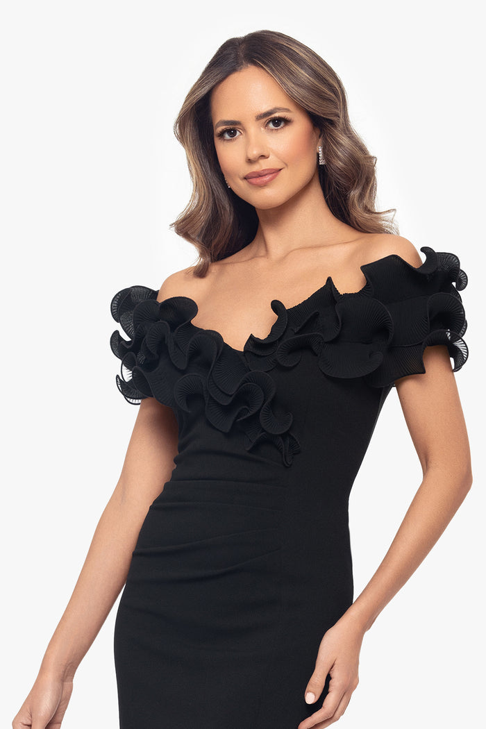 Black “Natalia” Scuba Crepe Off The Shoulder Ruffle Neck Midi Dress, off-the-shoulder neckline and dimensional ruffle detail