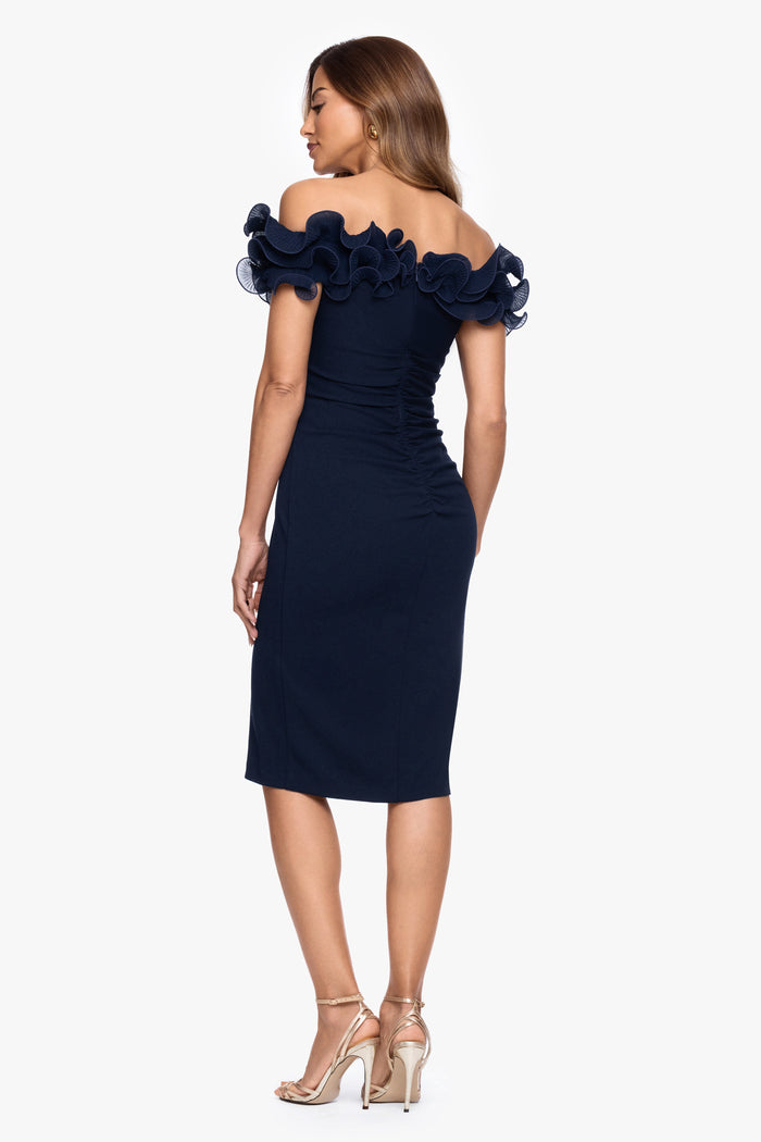 Navy “Natalia” Scuba Crepe Off The Shoulder Ruffle Neck Midi Dress, back view