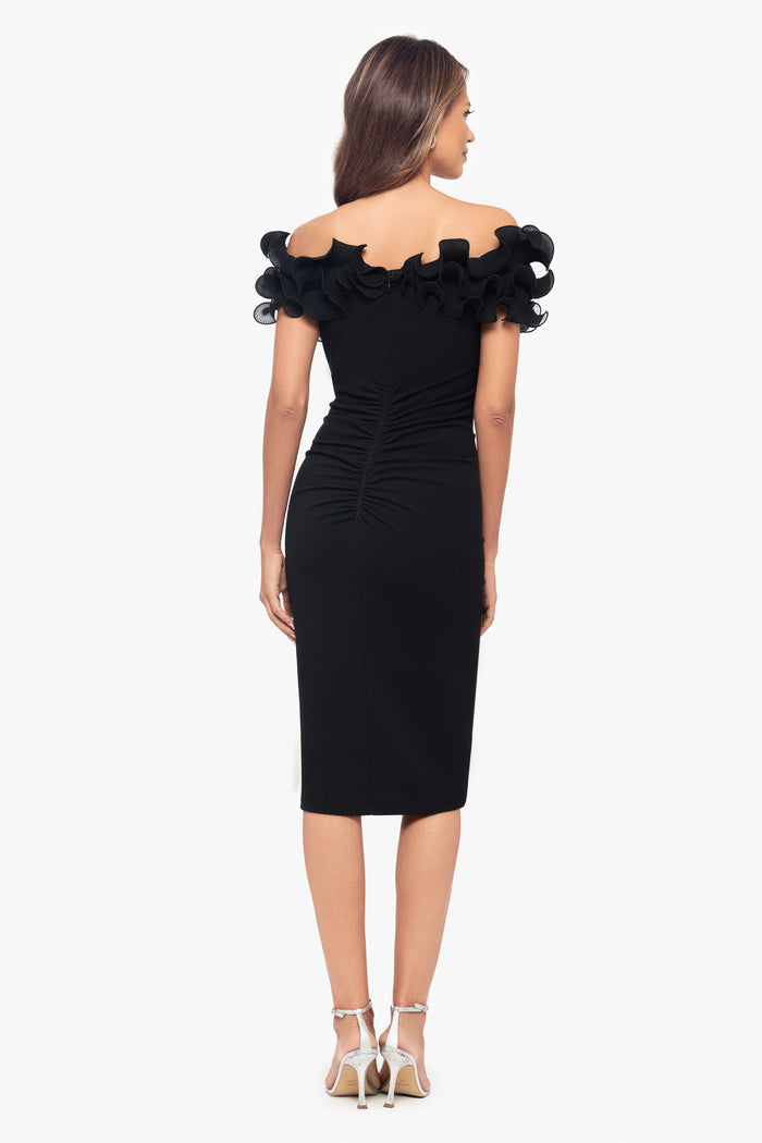Black “Natalia” Scuba Crepe Off The Shoulder Ruffle Neck Midi Dress, back view