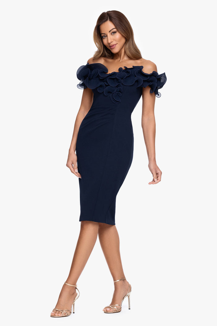 Navy “Natalia” Scuba Crepe Off The Shoulder Ruffle Neck Midi Dress, alternate front view