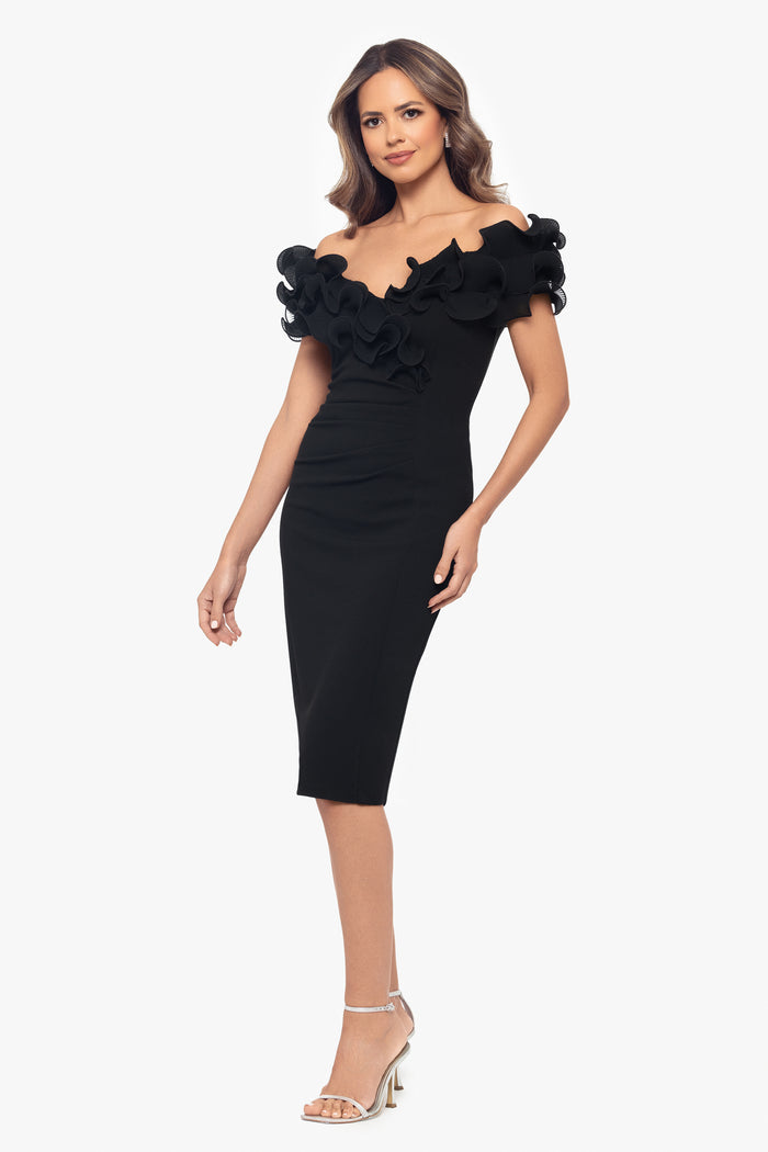 Black “Natalia” Scuba Crepe Off The Shoulder Ruffle Neck Midi Dress, alternate front view