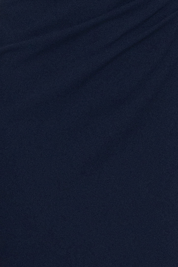 Navy “Natalia” Scuba Crepe Off The Shoulder Ruffle Neck Midi Dress, scuba crepe fabric detail