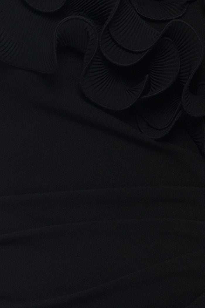 Black “Natalia” Scuba Crepe Off The Shoulder Ruffle Neck Midi Dress, dimensional ruffle fabric detail