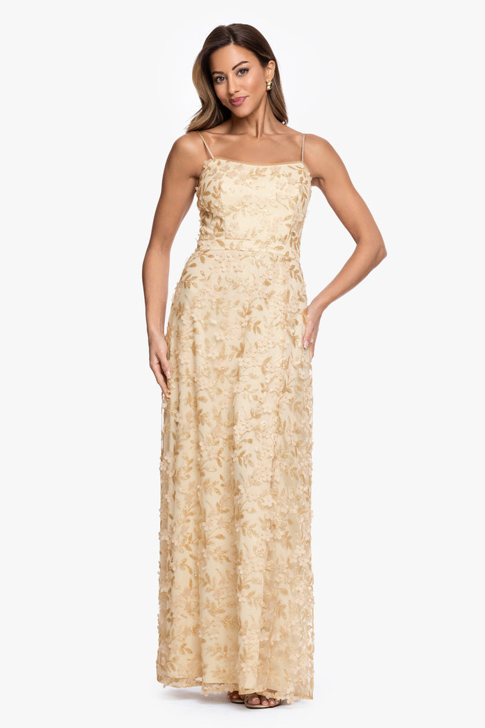 Gold “Natalie” Flower Embellished Spaghetti Strap Gown, front view