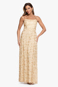 Gold “Natalie” Flower Embellished Spaghetti Strap Gown, front view