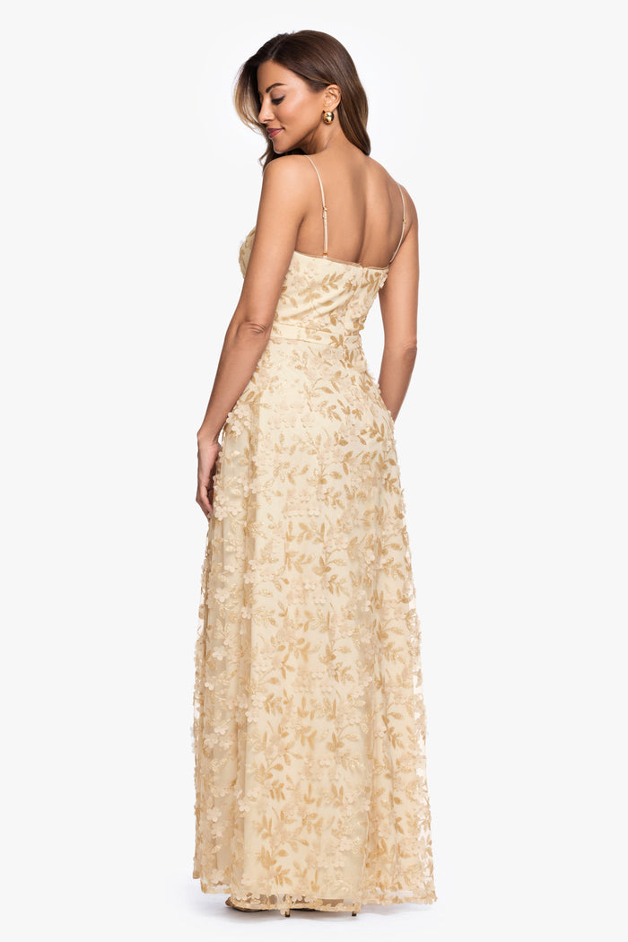 Gold “Natalie” Flower Embellished Spaghetti Strap Gown, back view