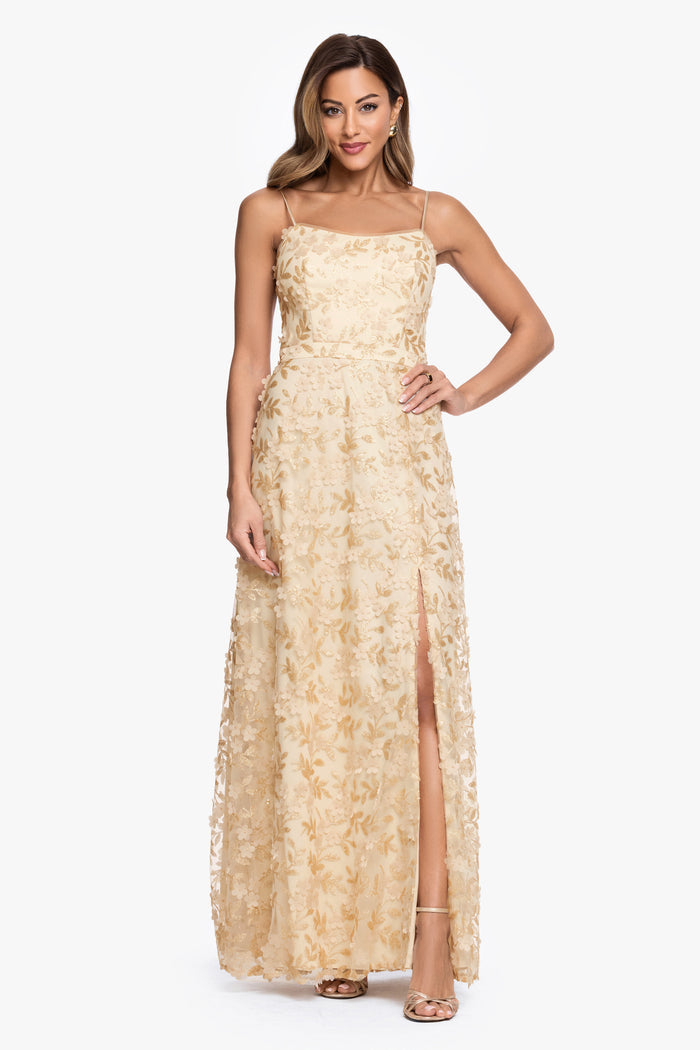 Gold “Natalie” Flower Embellished Spaghetti Strap Gown, alternate front view