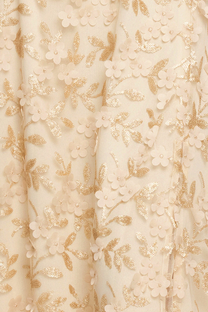 Gold “Natalie” Flower Embellished Spaghetti Strap Gown, floral appliqué and sequin fabric detail