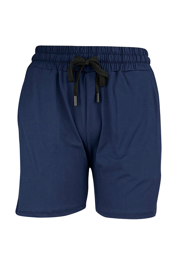 Navy jogger shorts with elastic waistband and drawstring, comfortable slim fit made from stretch fabric.