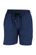 Navy jogger shorts with elastic waistband and drawstring, comfortable slim fit made from stretch fabric.