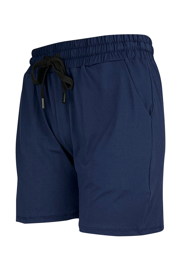 Navy magic stretch jogger shorts with elastic waistband and side pockets for casual comfort and versatile wear