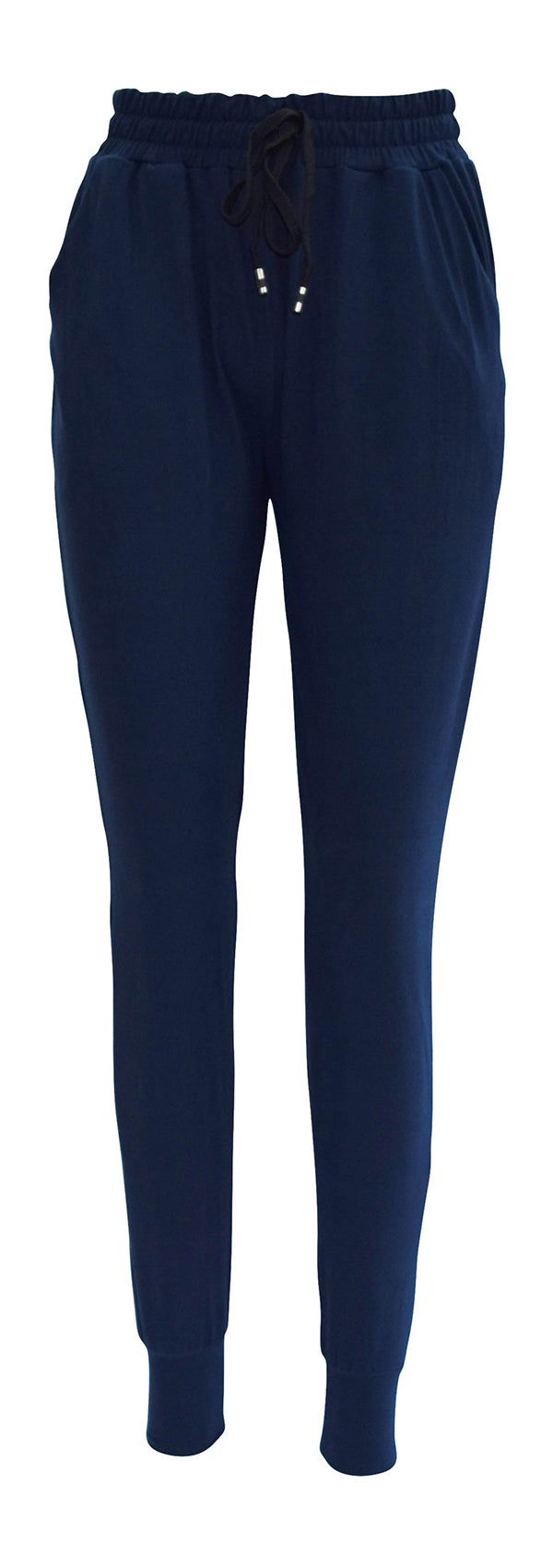 Slim fit navy magic joggers with drawstring waist, cuffed bottoms, and pockets in soft stretch fabric
