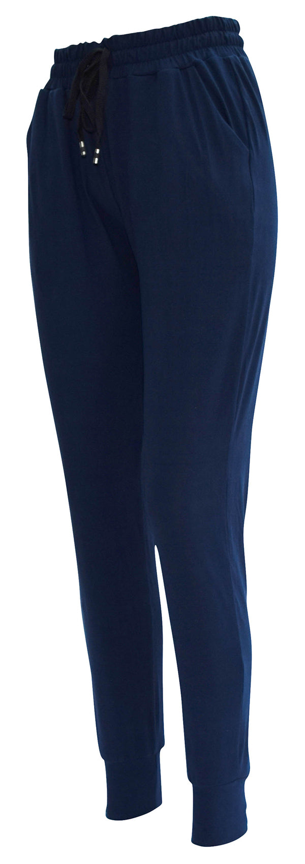 Slim fit navy magic joggers with drawstring waist, pockets, and cuffed bottoms in super soft stretch fabric