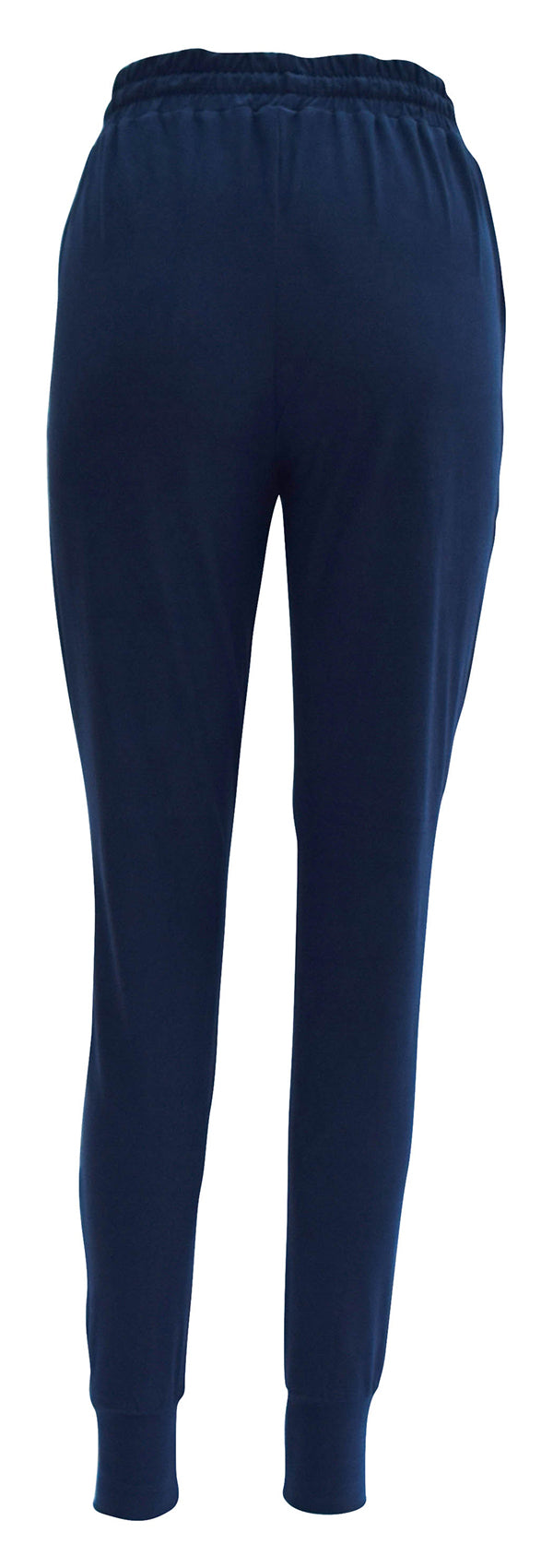 Slim fit navy magic joggers with cuffed bottoms, drawstring waist, and pockets in soft stretch fabric