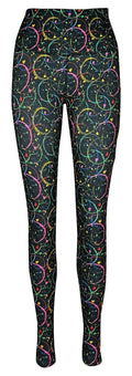 Black leggings with neon pink, green, and blue circular patterns and paint splatters featuring deep side pockets.