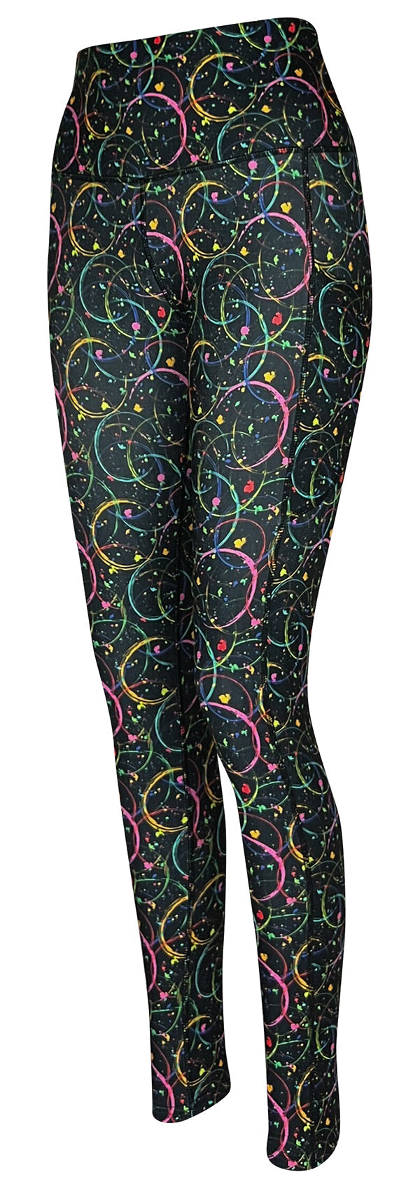 Black leggings with neon multicolor circles and paint splatter design, featuring deep side pockets and high-waisted fit