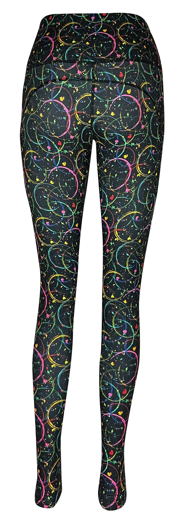Black leggings with neon pink, green, and blue nebula circle patterns and side pockets