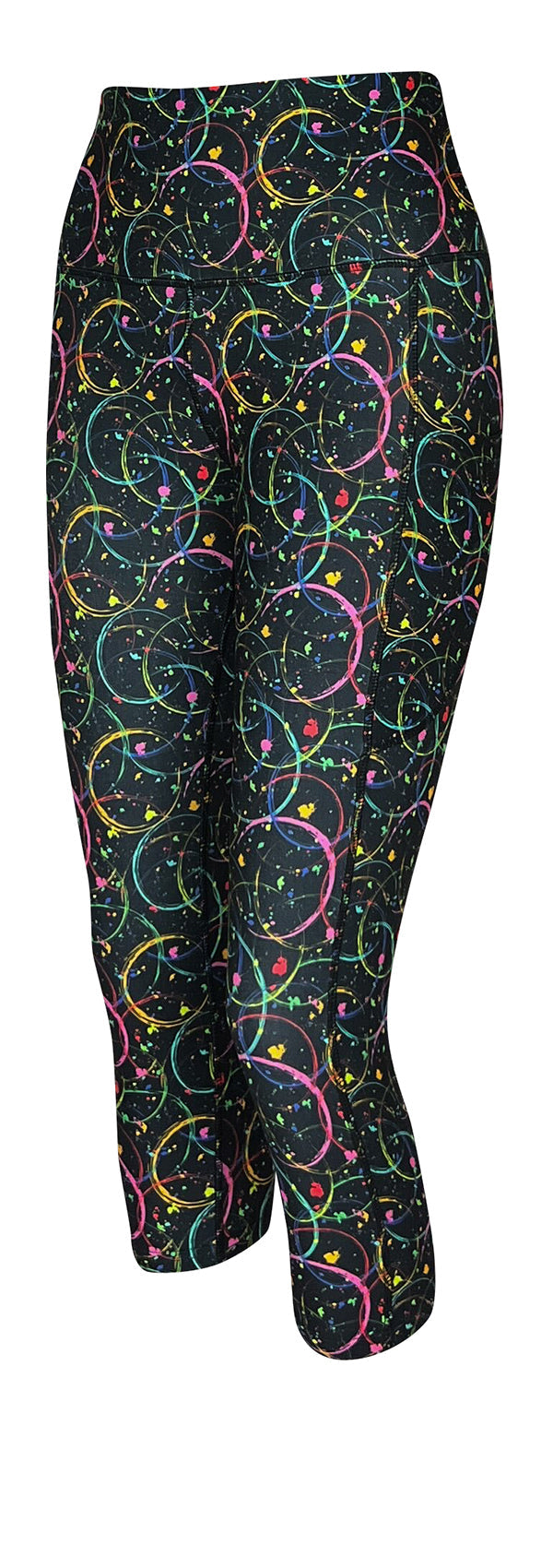 Black leggings with neon pink, green, and blue nebula swirl design and deep side pockets