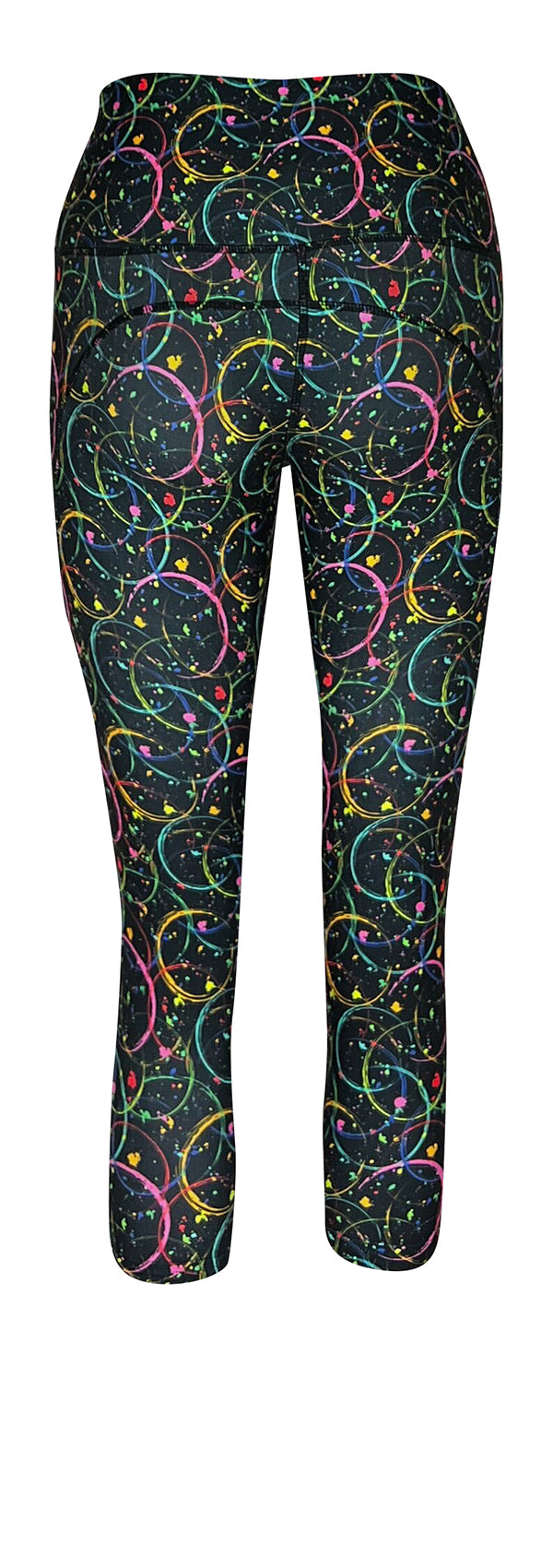 Black leggings with vibrant neon nebula circles and paint-splatter design, featuring deep side pockets and a high-waisted fit