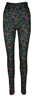 Black women's leggings with vibrant neon intertwined circle patterns and colorful paint-splatter accents, high-waisted and stretchy for comfort and flexibility