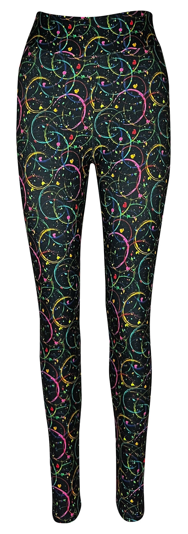 Black women's leggings with vibrant neon intertwined circle patterns and colorful paint-splatter accents, high-waisted and stretchy for comfort and flexibility