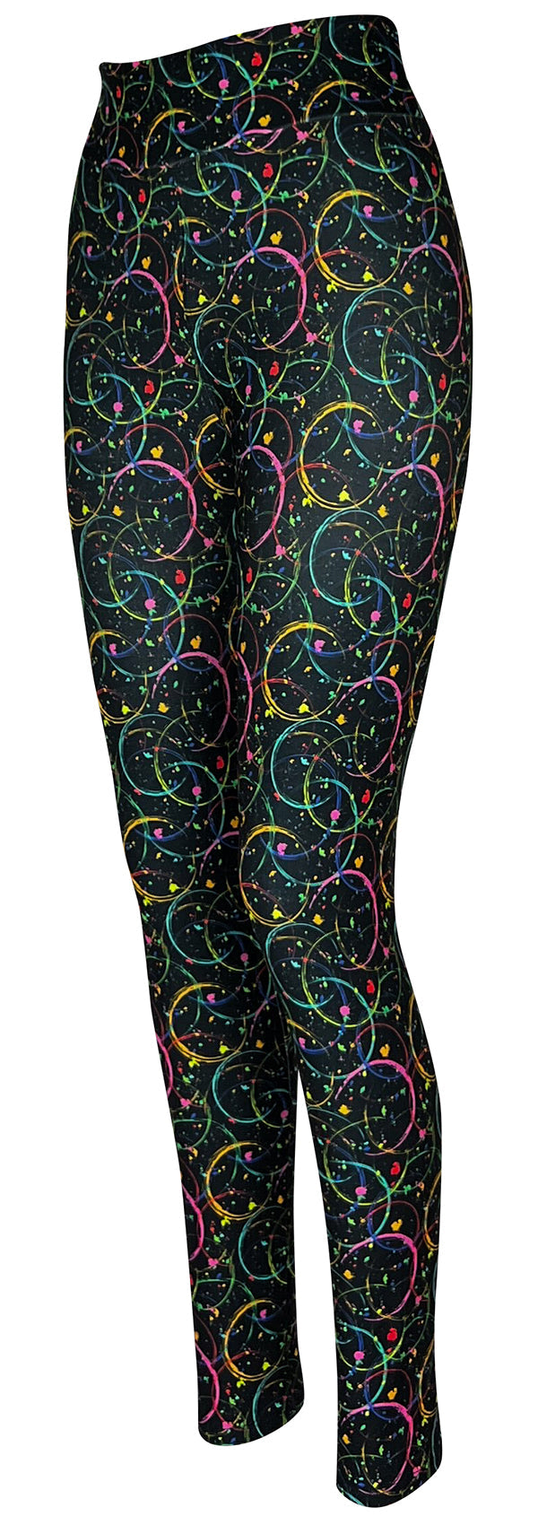 Women's leggings with neon multicolor circular patterns and paint-splatter accents on black background